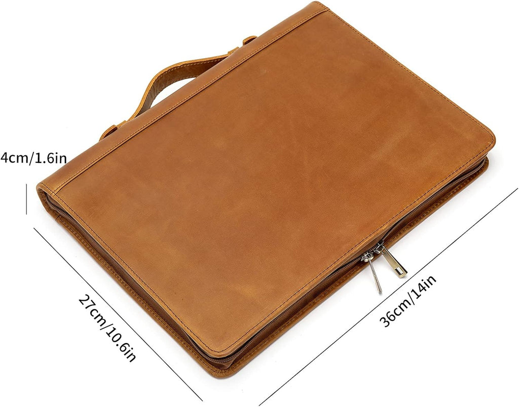 YIWEN Personalized Leather Portfolio with Handle, 3 Ring Binder, Zippered Padfolio for 13' Tablet, 8.5 x 11 Notepad, Professional Business Document Organizer (Brown, Crazy Horse Leather)