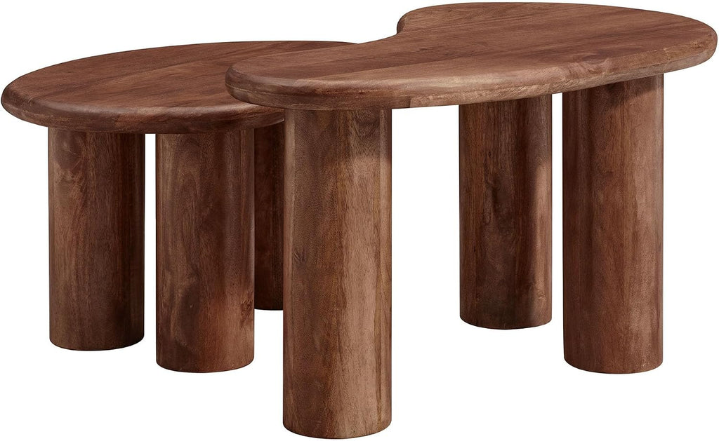 Modway Hackney Mango Wood Nesting Coffee Table Set in Walnut - 2 Piece Kidney-Shaped Wood Coffee Table for Living Room