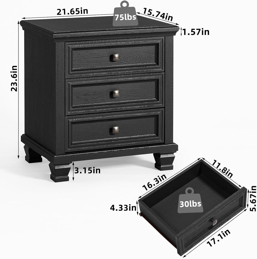 SAVOR LIFE Farmhouse Nightstand Set of 2, Rustic Couch End Table with 3 Drawers & 4 Square Solid Wood Legs, Vintage Bed Side Table with Storage, Small Dresser for Bedroom, Living Room, Black