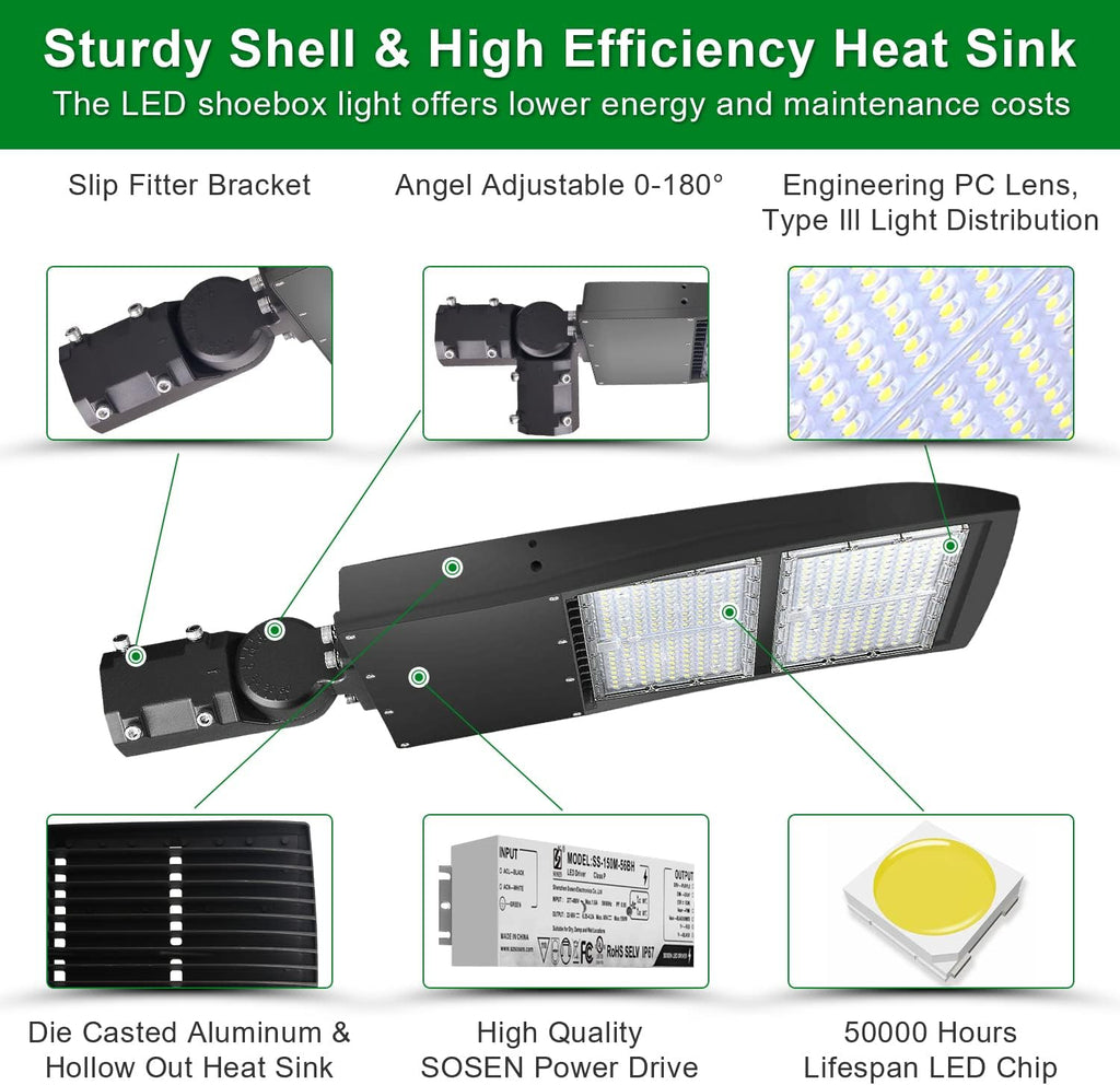 OSTEK LED Parking Lot Lights 300W LED Shoebox Street Pole Lighting with 20KV Surge Protector, Waterproof 42000LM Outdoor Commercial Area Road Lighting 5000K 100-277V UL