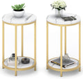 WiberWi Round Side Table Set of 2, Modern Nightstand End Table with Gold Metal Frame &Faux Marble Top, Accent Bedside Table for Living Room Bedroom Small Spaces with Storage Open Shelf,White