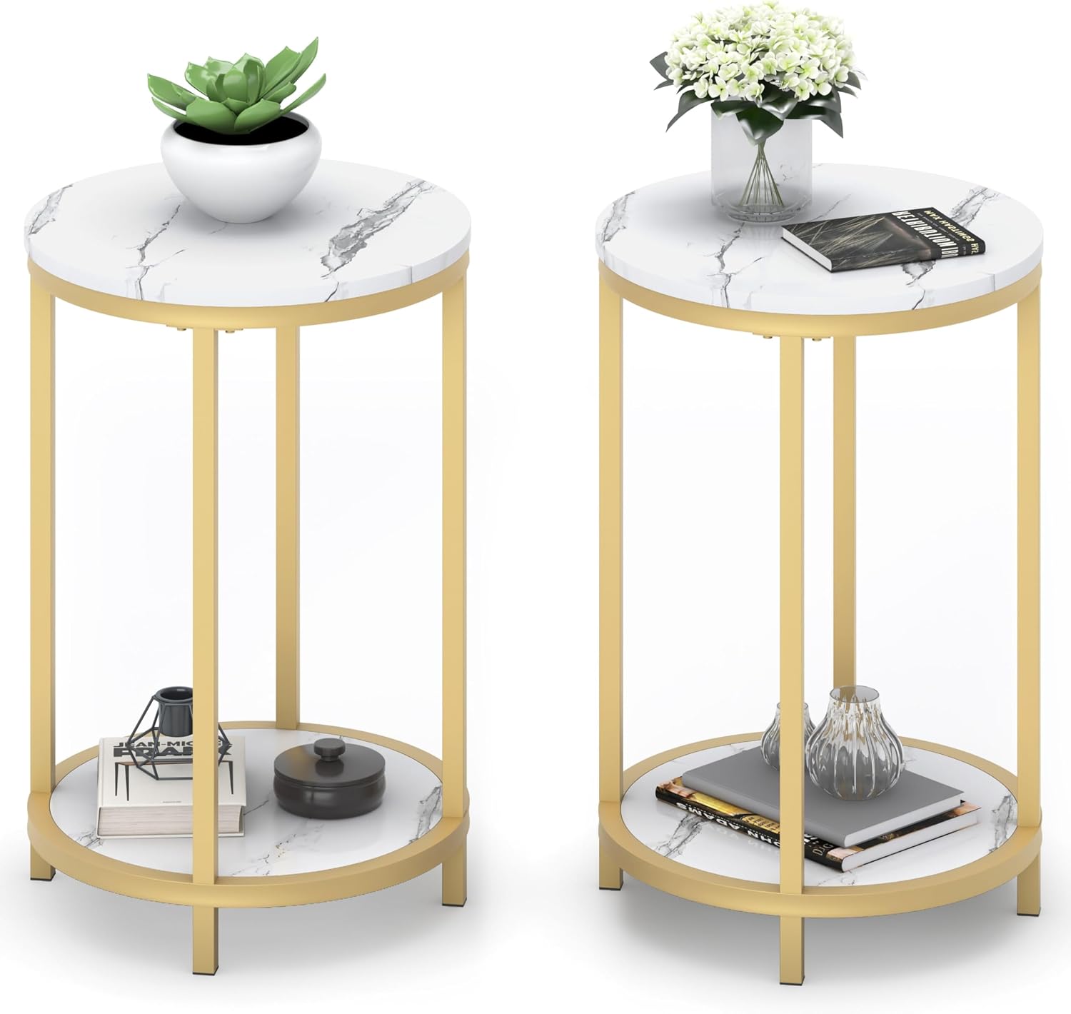 WiberWi Round Side Table Set of 2, Modern Nightstand End Table with Gold Metal Frame &Faux Marble Top, Accent Bedside Table for Living Room Bedroom Small Spaces with Storage Open Shelf,White