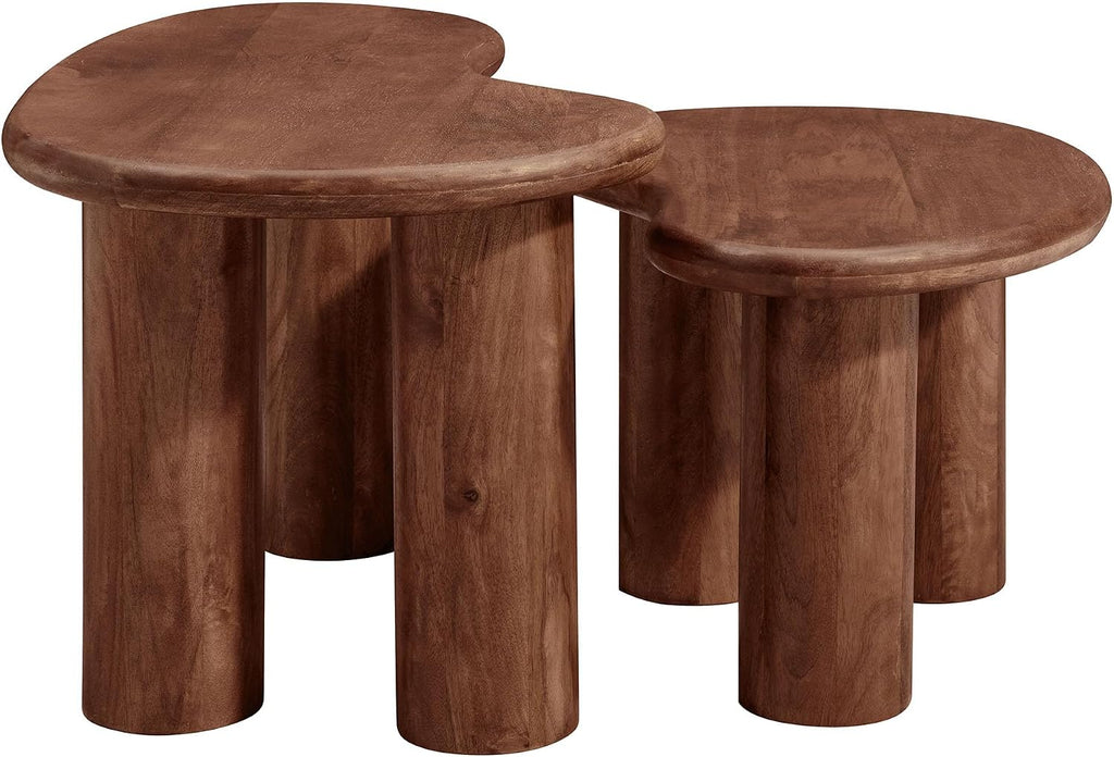 Modway Hackney Mango Wood Nesting Coffee Table Set in Walnut - 2 Piece Kidney-Shaped Wood Coffee Table for Living Room