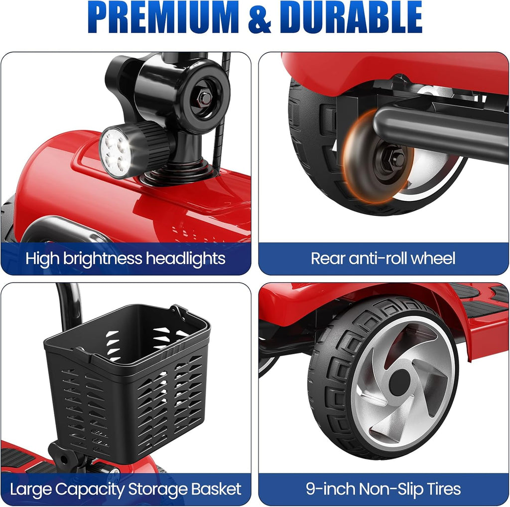 30 Miles Long Range Electric Mobility Scooter, Powered Mobility Scooters for Adults and Seniors, Motorized Scooter, Compact Heavy Duty Mobile for Travel with LED Headlight, Basket Red