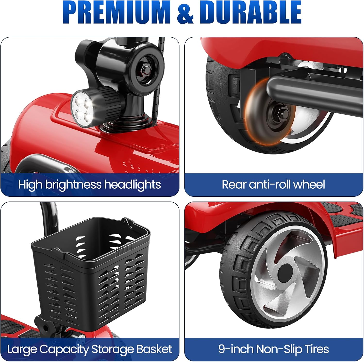 30 Miles Long Range Electric Mobility Scooter, Powered Mobility Scooters for Adults and Seniors, Motorized Scooter, Compact Heavy Duty Mobile for Travel with LED Headlight, Basket Red