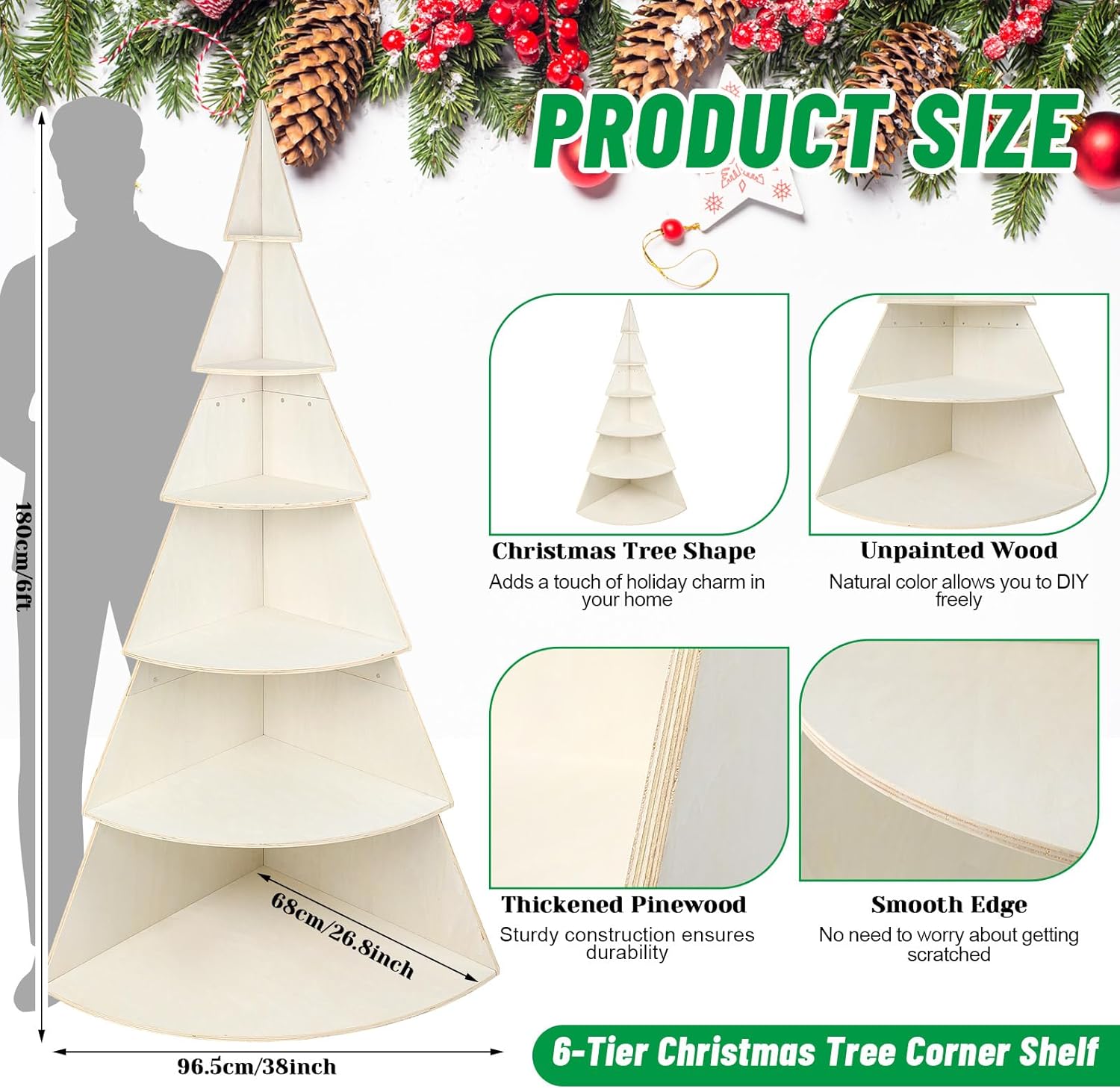 CroBlissful 6 Tier 6ft Christmas Village Display Stand Christmas Tree Corner Shelf Large Wood Platform Bookshelf for DIY Living Room Bedroom Home Office Decor