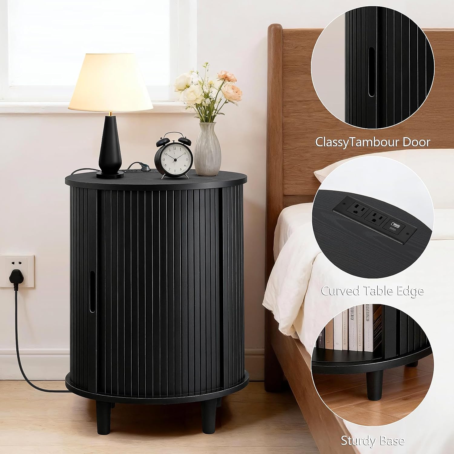 DHH End Table Set of 2 with Storage & Charging Station, Fluted Accent Side Table with Sliding Door & Adjustable Shelf, Mid-Century Nightstand for Small Spaces, Living Room, Bedroom(2, Black)