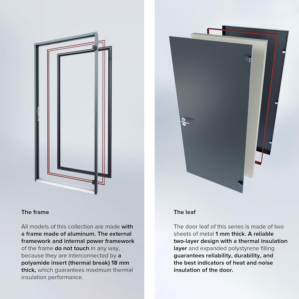 VDOMDOORS Front Exterior Prehung Steel Door/Cynex 6777 Black/Stainless Inserts Single Modern Painted-W36 x H80-Right-hand Inswing