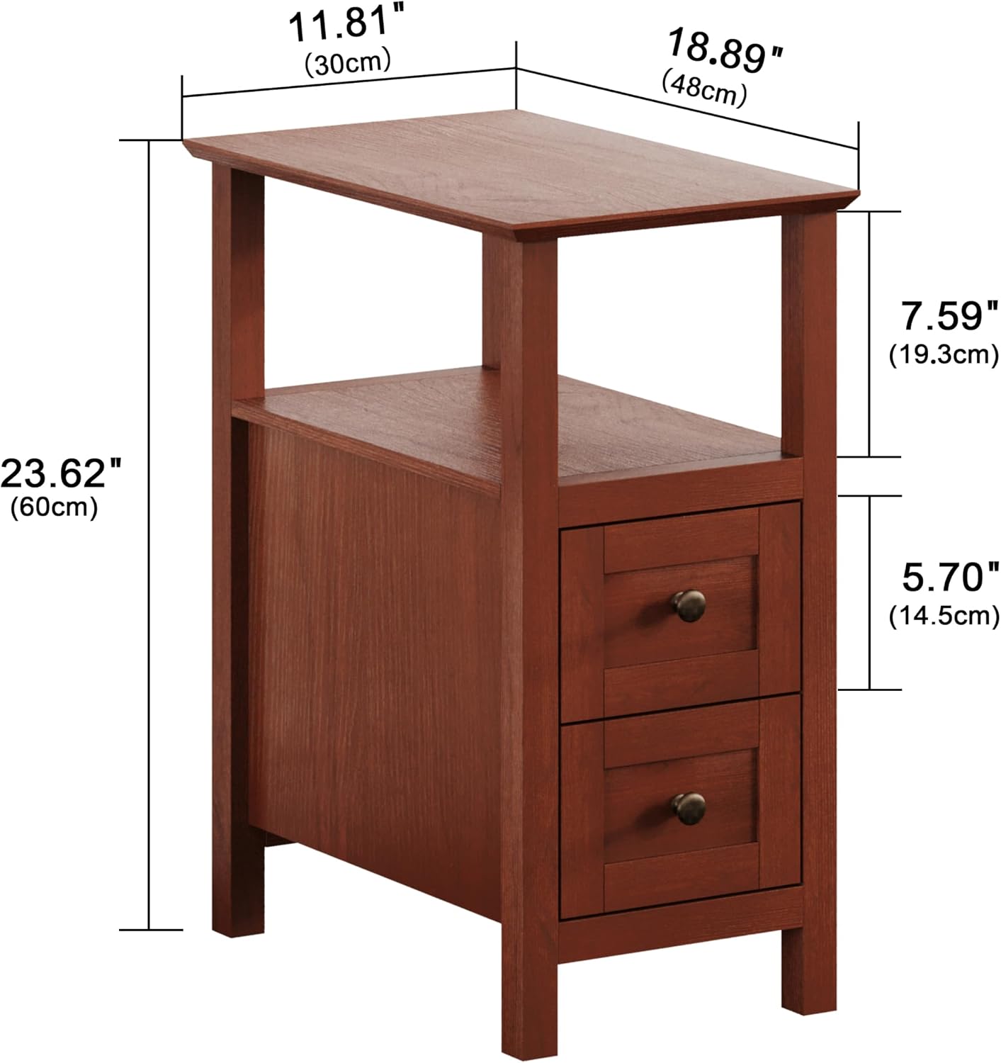 ChooChoo End Tables Living Room Set of 2, 3-Tier Narrow Nightstand with with 2 Drawers, Slim Bedside Tables for Living Room, Bedroom, Small Space, Cherry Brown