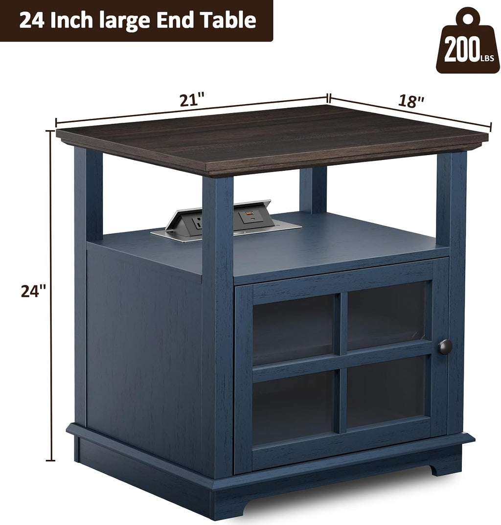 HIFYOBRO Living Room Side Table, 21''End Table Set of 2 with Charging Station for Bedroom, Farmhouse Rustic Wood Sofa Side Table Set of 2 with Large Storage, Blue