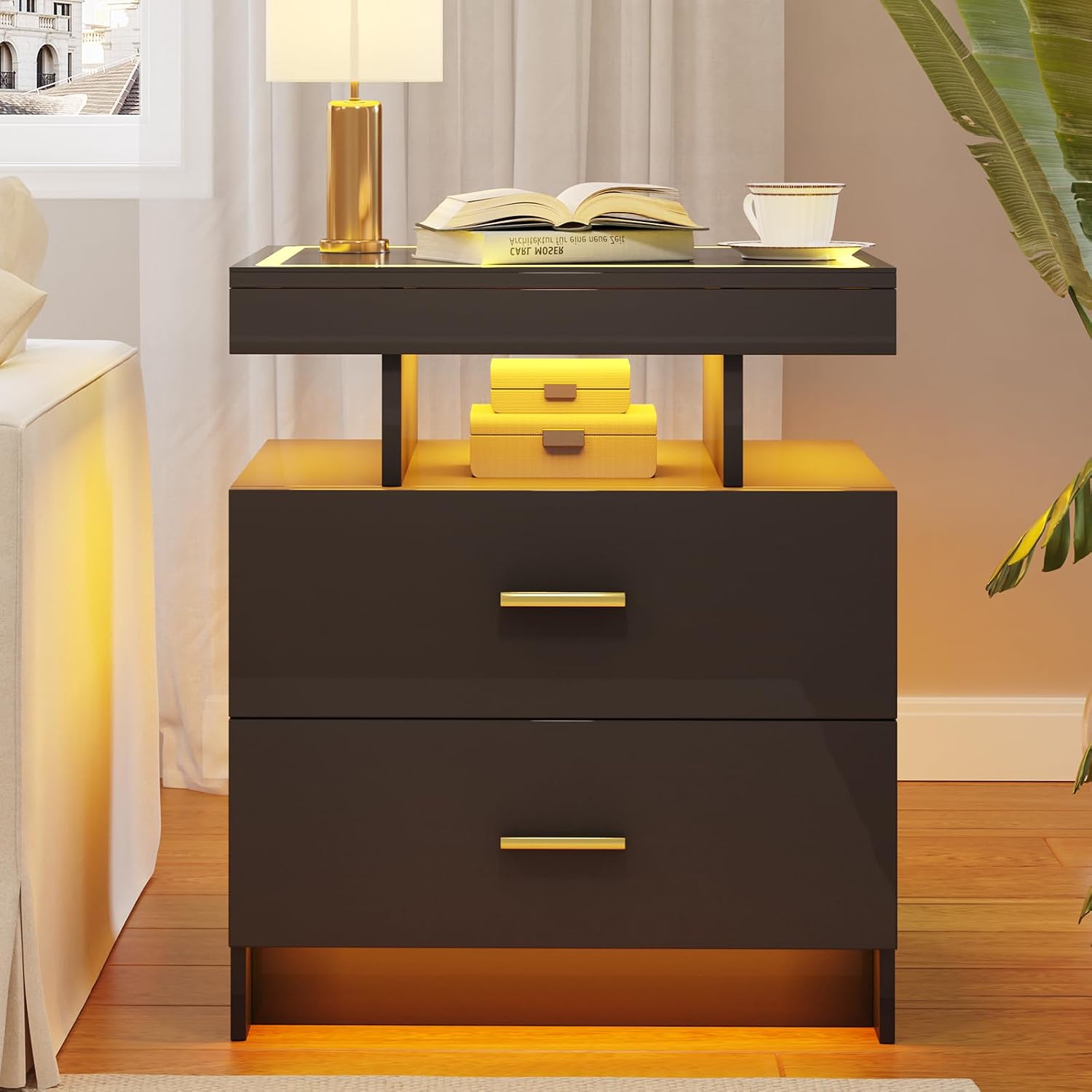 LED Nightstand Set 2 with Wireless Charging Station,Black Night Stand with 2 Drawers,Glass Top Smart Bedside Table,Modern End Table Side for Bedroom,Living Room,Office