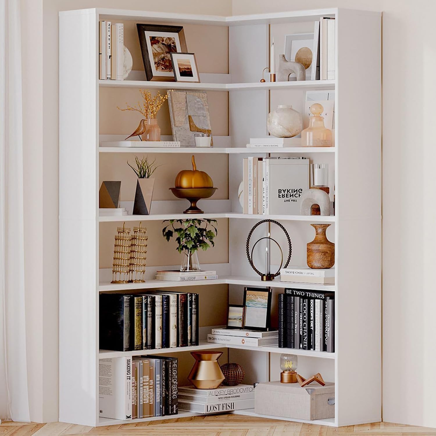 oneinmil Bookcase 6 Tiers with Baffles, 35.2' Large Corner Bookshelf, Storage Display Rack for Living Room Home Office, White