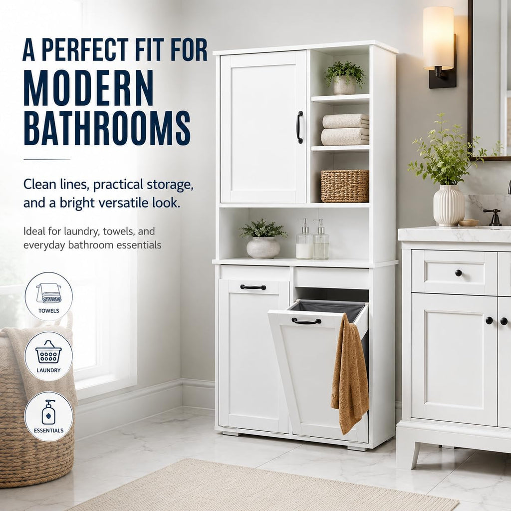Bathroom Storage Cabinet with 2 Tilt-Out Bins, Freestanding | Particle board, MDF, melamine finish, 2 tilt-out bins, adjustable shelf, open shelves, bathroom, 31.5 W x 15.75 D x 63 H in