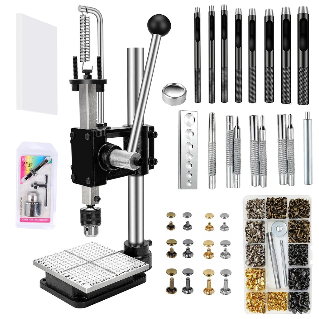 Leather Press Machine,Hole Puncher Hand Punching Machine with 21pcs Punch Tool Include Rivet Setter, Snap kit Tool and 480pcs Rivets | Stainless Steel Pillar | Punch Puller for DIY Leather Craft