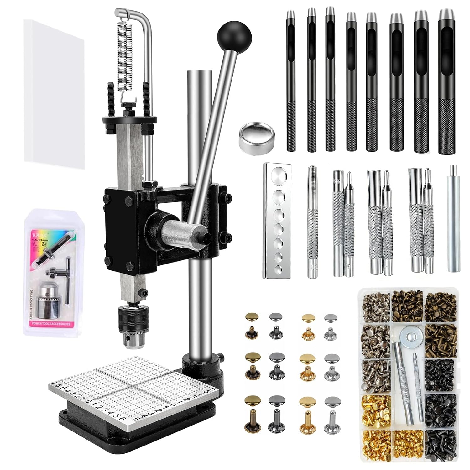 Leather Press Machine,Hole Puncher Hand Punching Machine with 21pcs Punch Tool Include Rivet Setter, Snap kit Tool and 480pcs Rivets | Stainless Steel Pillar | Punch Puller for DIY Leather Craft