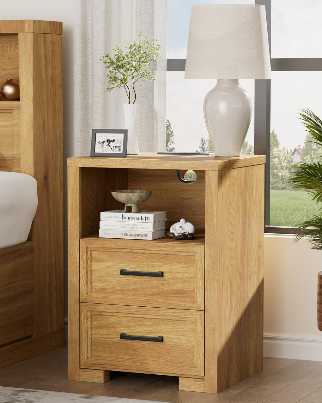 Nightstand Set of 2, Night Stand with Charging Station, End Table with 2 Drawers, Wood Rustic Side Table with Open Storage Shelf, for Bedroom, Natural Oak