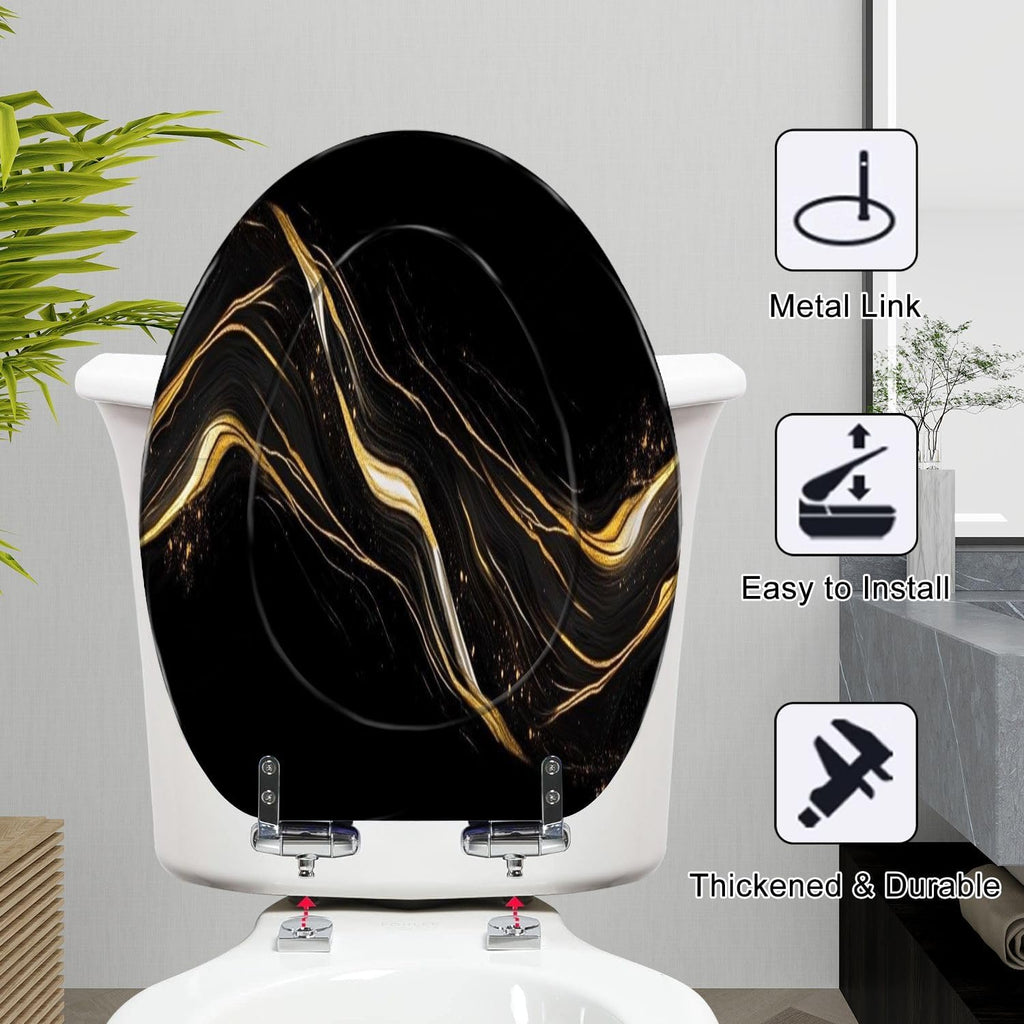 Elongated Toilet Seat Marble texture wall surface black gold ink pattern graphic granite Resin Toilet Seat Slow Quiet Close Lid with Quick-Release Hinges Cover Bumpers Easy to Clean Install