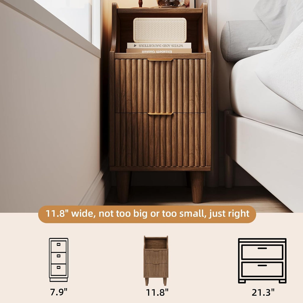 Narrow Nightstand Set of 2,11.8' Fluted Bedside Table Set of 2, Slim Side End Table with 2 Drawers, Wooden Bedside Table, Mid Century Modern Night Stand for Bedroom Livingroom Sofa Office