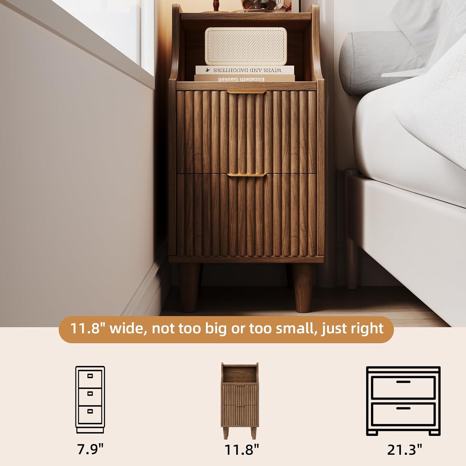 Narrow Nightstand Set of 2,11.8' Fluted Bedside Table Set of 2, Slim Side End Table with 2 Drawers, Wooden Bedside Table, Mid Century Modern Night Stand for Bedroom Livingroom Sofa Office