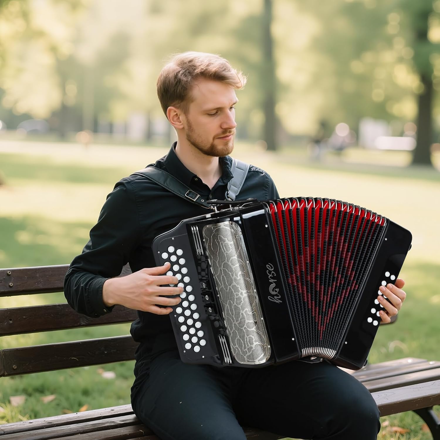 Horse Accordion, 34 Keys 12 Bass Accordion Instrument, F/B/E Tone for Adult Professional Players and Beginners, Comes with Case, Strap, Gloves,Oversleeves, and Wipe Cloth Acordeón Acordeones Adultos