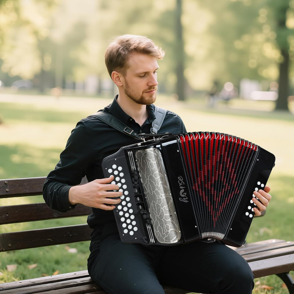 Horse Accordion, 34 Keys 12 Bass Accordion Instrument, G/C/F Tone for Adult Professional Players and Beginners, Comes with Case, Strap, Gloves,Oversleeves, and Wipe Cloth Acordeón Acordeones Adultos