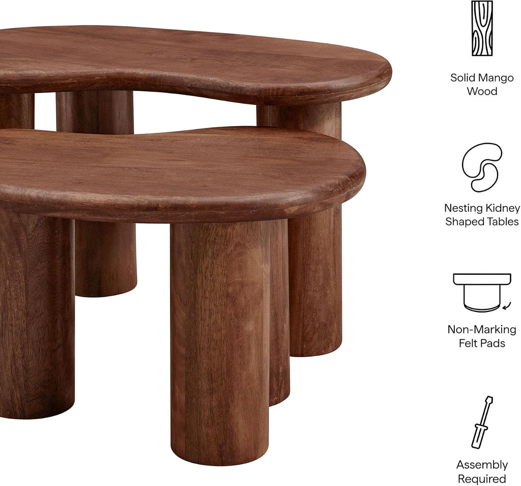 Modway Hackney Mango Wood Nesting Coffee Table Set in Walnut - 2 Piece Kidney-Shaped Wood Coffee Table for Living Room