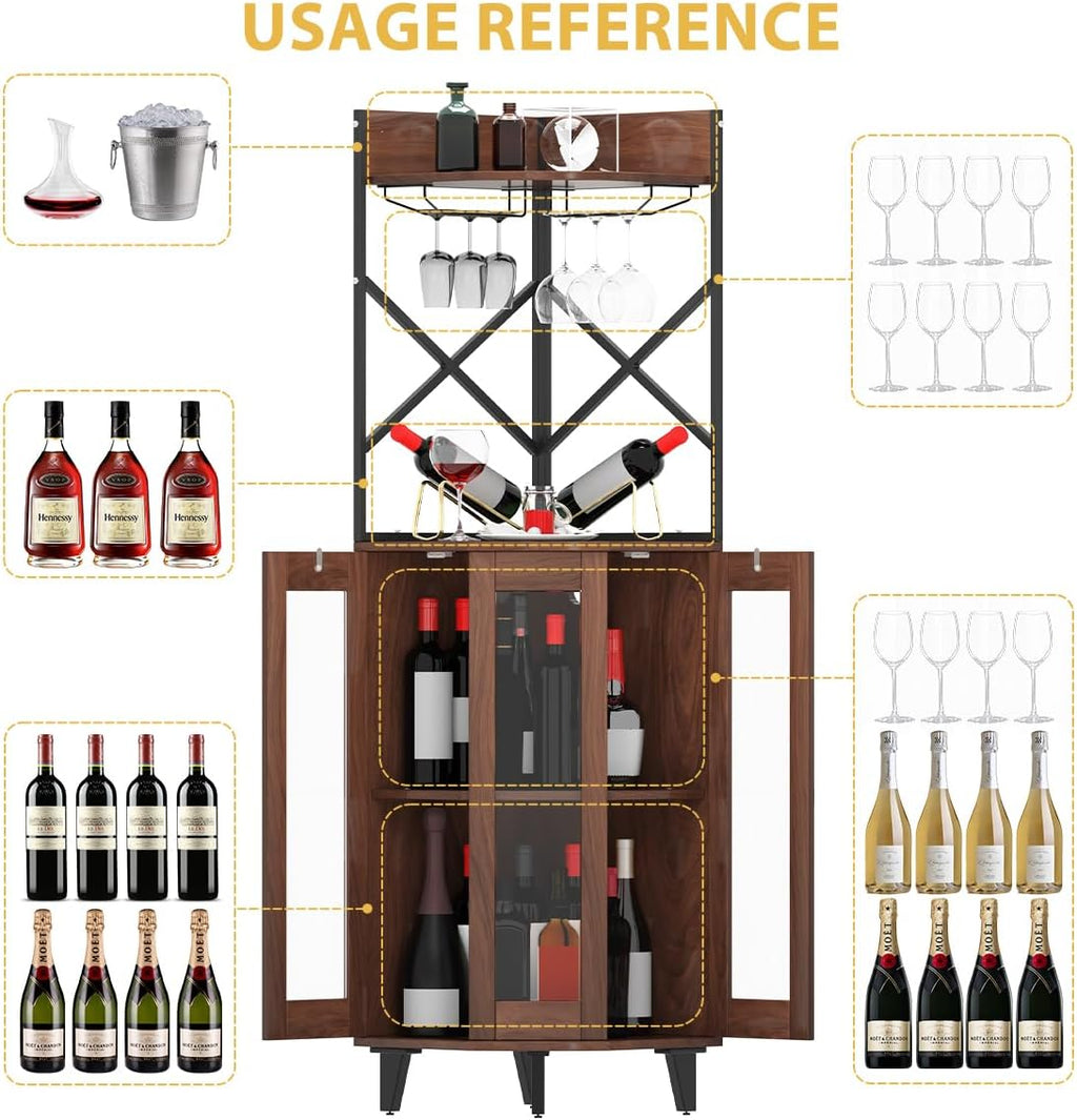 COCO DESIGN Corner Wine Cabinet with Lockable Glass Door & LED Light, 4-Tier Liquor Bar Unit, Modern Farmhouse Home Bar for Living Room, 2 Wine Racks & 2 Glass Display Trays, Walnut