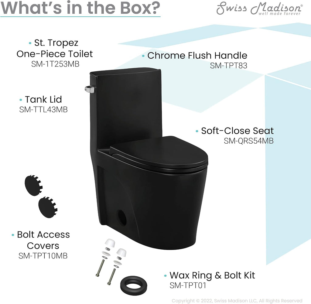 St. Tropez One-Piece Elongated Toilet Left Side Vortex Flush Handle in Matte Black 1.28 gpf