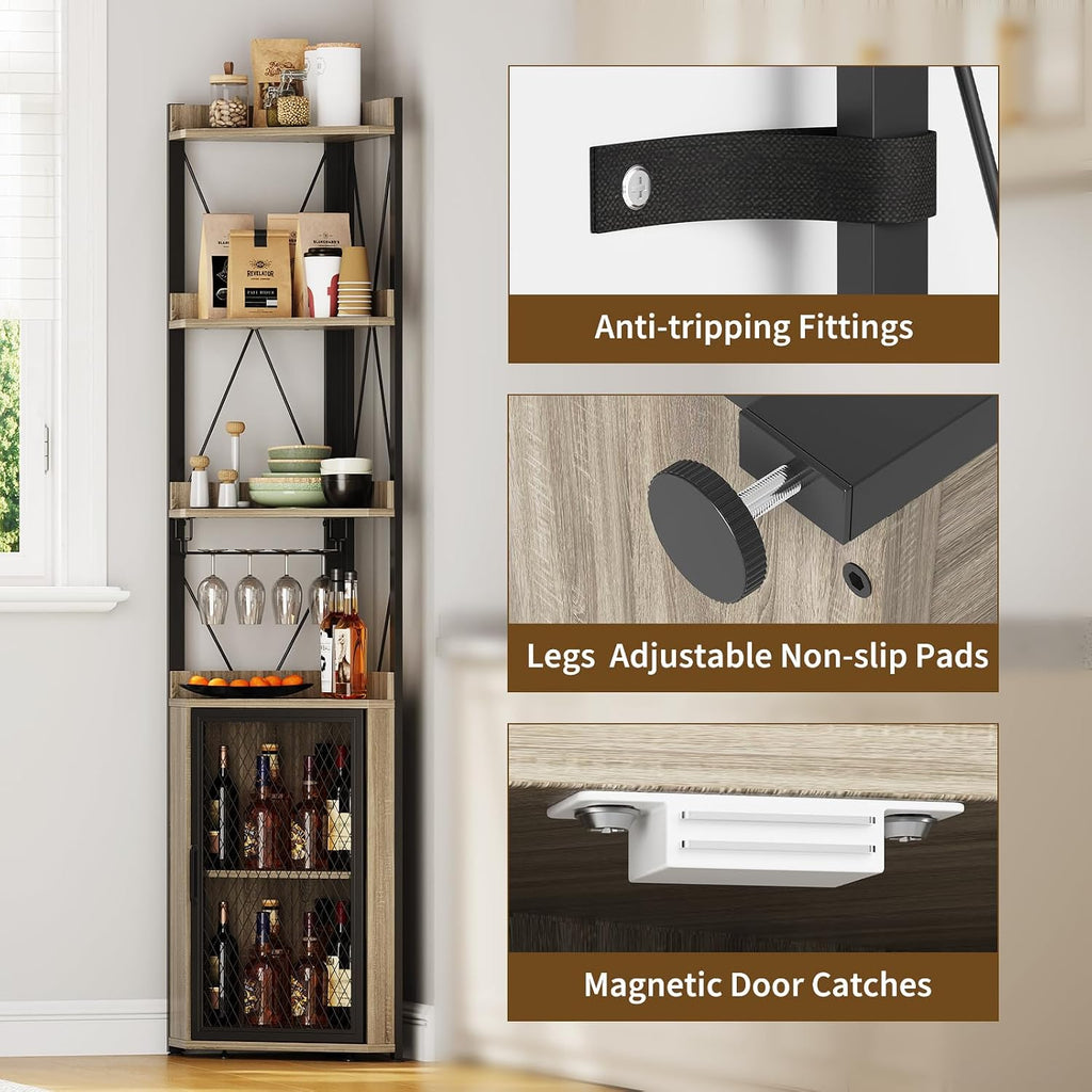 GarveeHome 69' Tall Corner Bar Cabinet with 5-Tier Shelves, Farmhouse Liquor Cabinet with Wine Rack & Glass Holder, Space-Saving Barn Door Storage Cabinet for Living Room Kitchen Home Bar - Gray