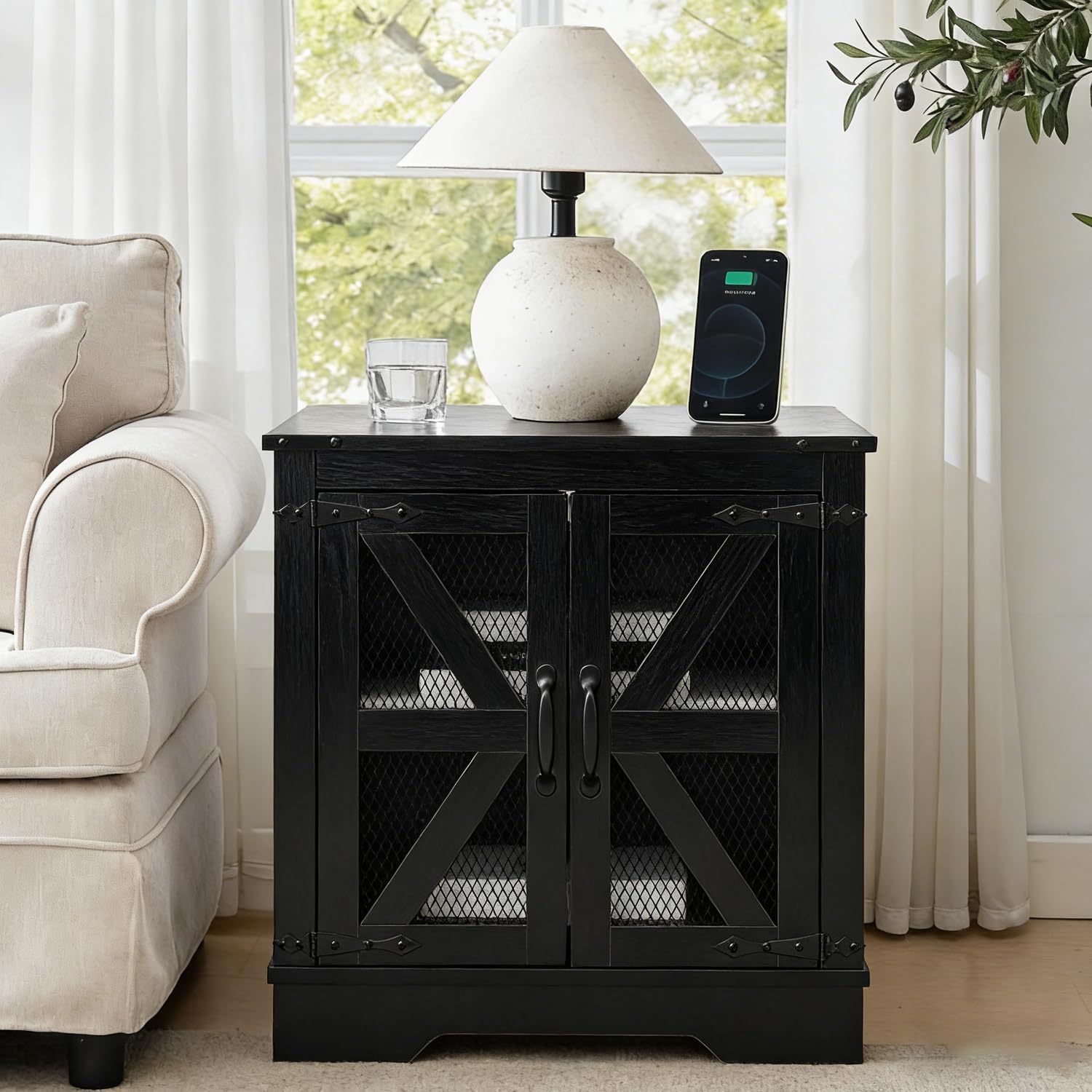 Farmhouse End Table Set with Charging Station, Black Living Room Tables with Hidden Storage, Rustic Wood Furniture for Home and Office