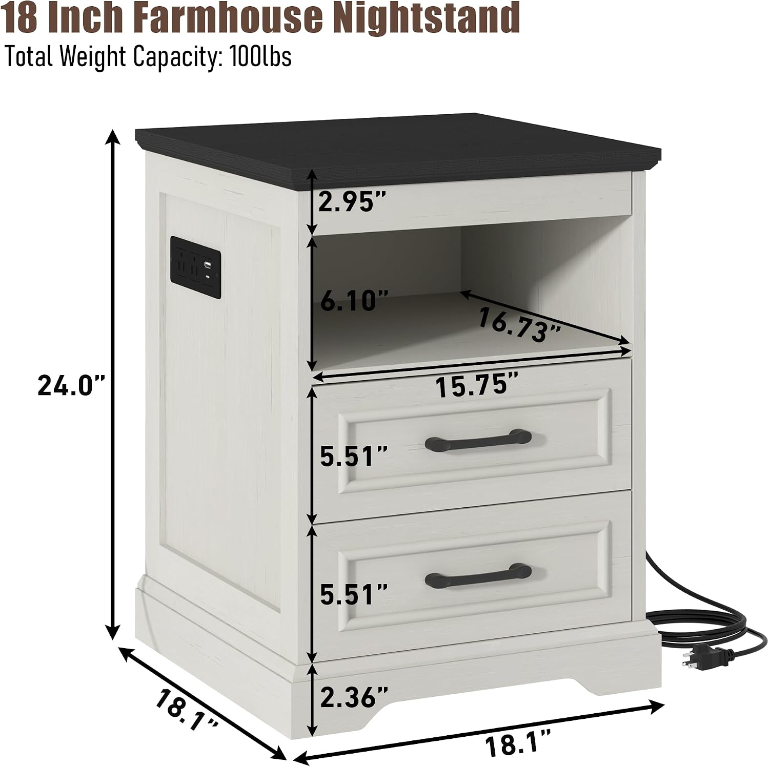 Gadroad 18' Farmhouse Accent Nightstand with Charging Station, End Table with 3 Drawers Storage, Side Table, Bedside Cabinet for LivingRoom Bedroom Office, Antique White