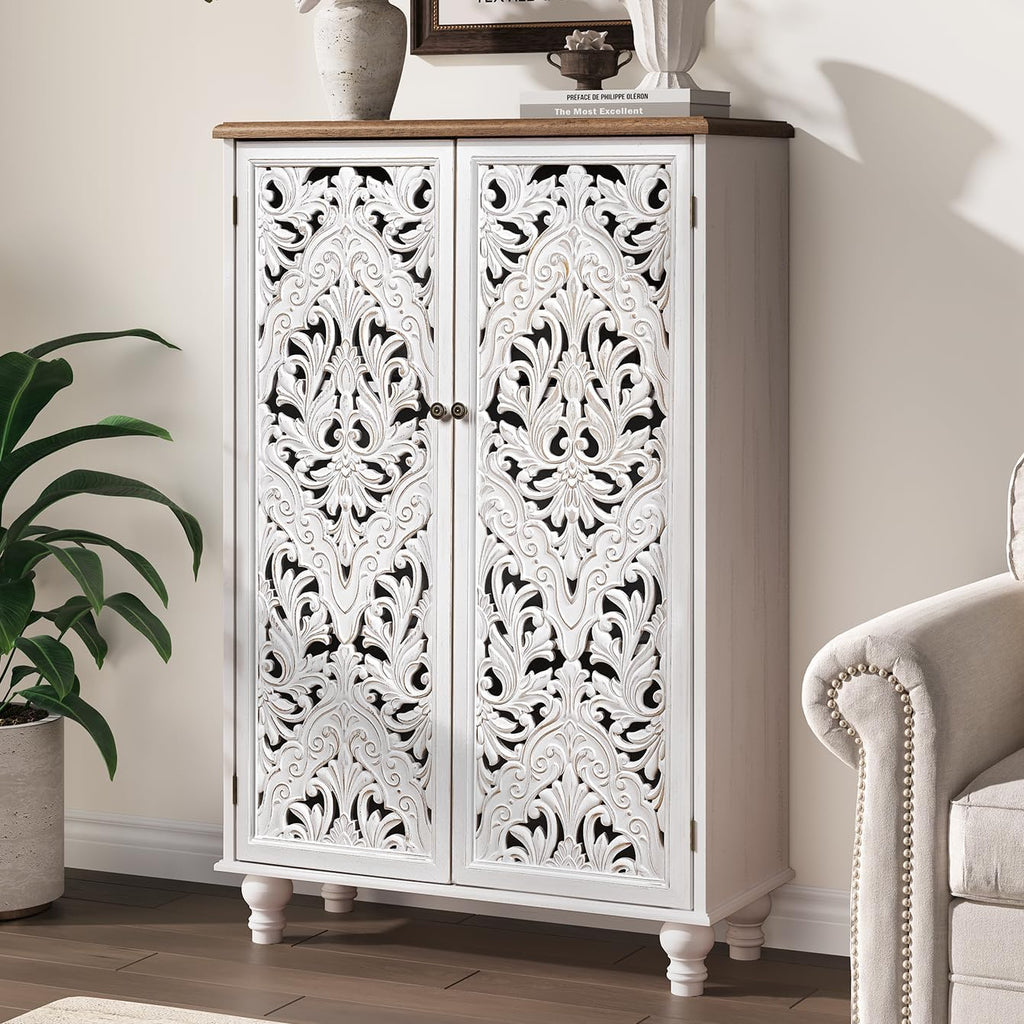 JOINICE 47' Tall Accent Cabinet with Carved Doors, Distressed White Wood Storage Cabinet with 3-Tier Shelves, Boho Farmhouse Sideboard Buffet for Small Spaces, Entryway & Living Room