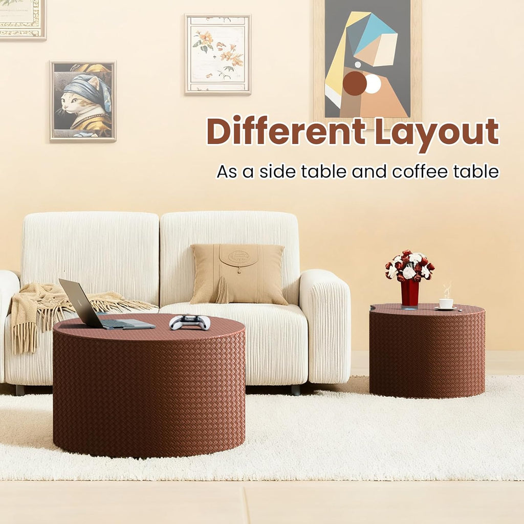 Round Nesting Coffee Table Set of 2 with Storage Modern Wood Coffee Table MDF Frame and Leather Surface Center Table End Side Table for Living Room Bedroom Office, No Assembling (Brown)