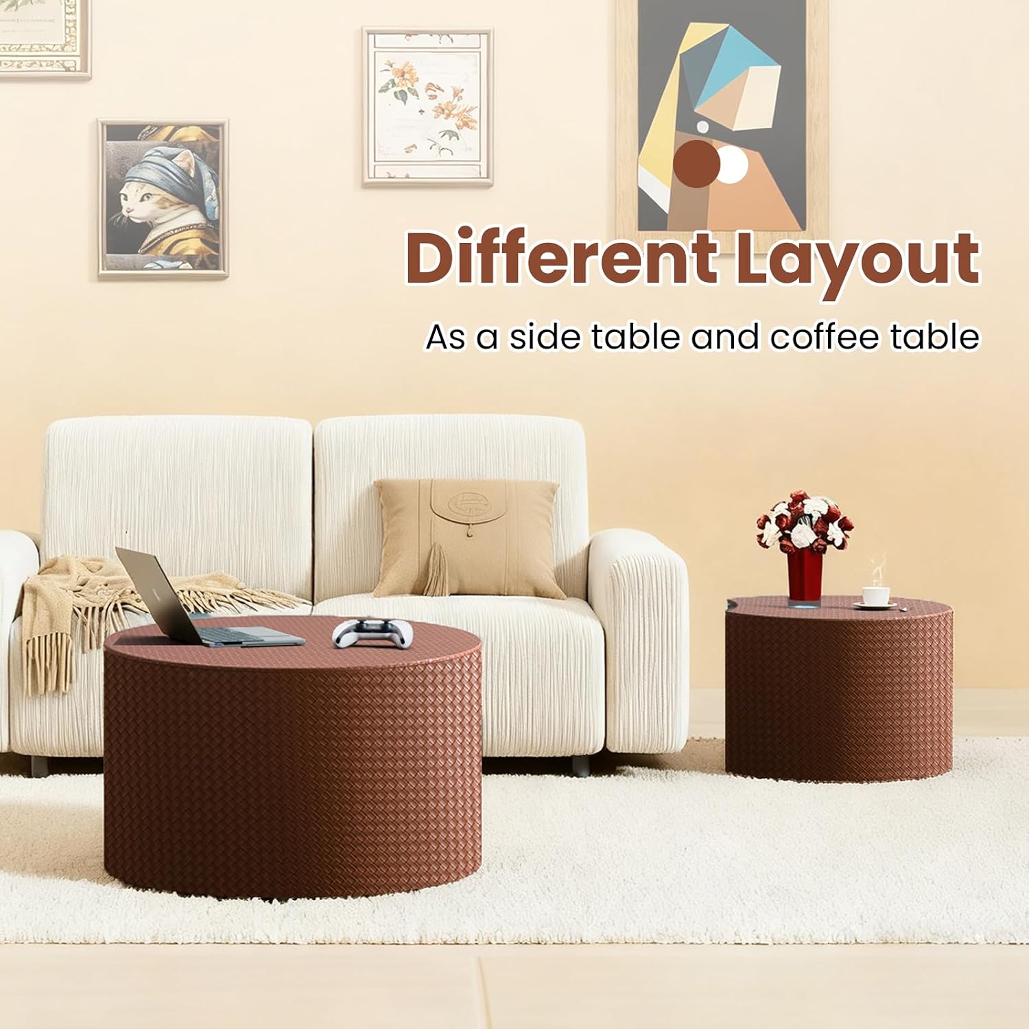 Round Nesting Coffee Table Set of 2 with Storage Modern Wood Coffee Table MDF Frame and Leather Surface Center Table End Side Table for Living Room Bedroom Office, No Assembling (Brown)