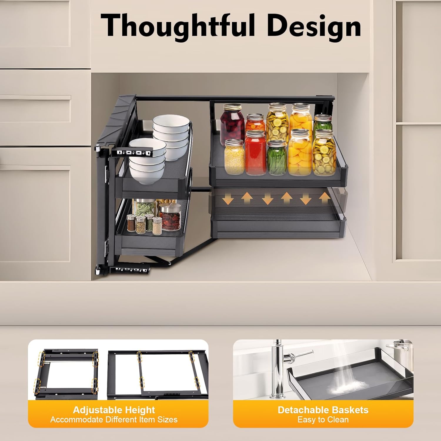 Blind Corner Cabinet 2 Tiers,Pull Out Corner Cabinet with 4 Detachable Shelves Left or Right,Soft Close Kitchen Swing Tray,Height Adjustable,Easy to Install for 14 Inch Opening