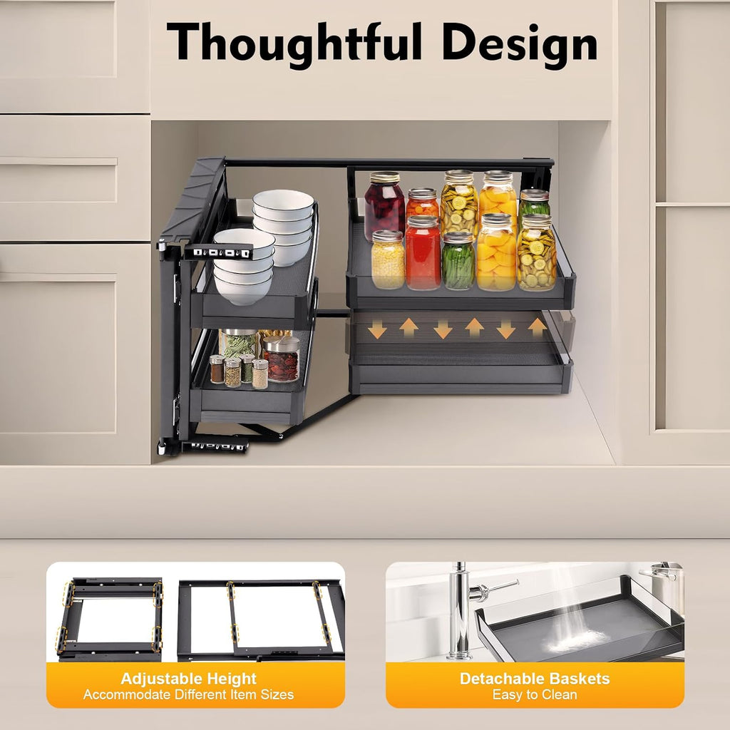 Blind Corner Cabinet Pull Out Organizer 2 Tier Kitchen Corner Cabinet Organizer with 4 Detachable Shelves, Height Adjustable Narrow Blind Cabinets Kitchen Pull Out Left or Right Cabinets