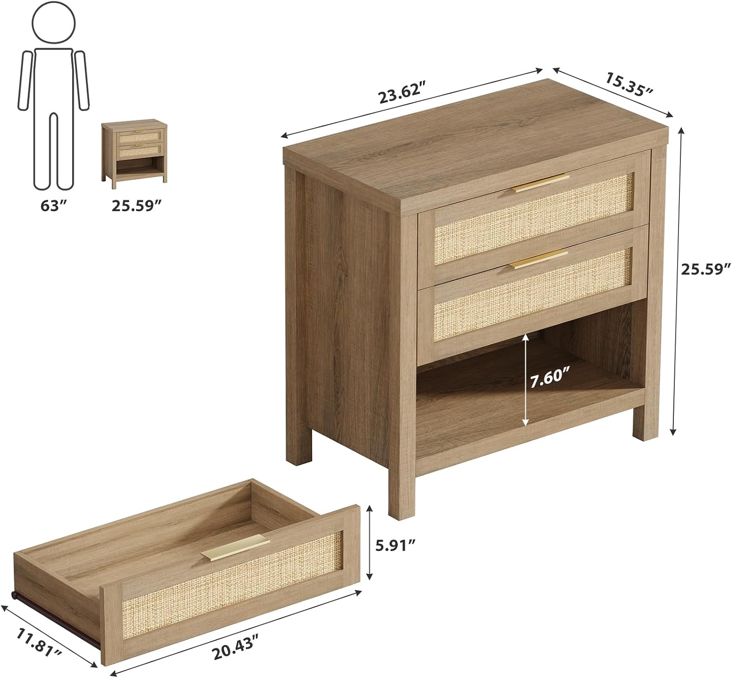 Eclatara Rattan Nightstands, Farmhouse Bedside Table with 2 Drawers and Storage Shelf, Rattan Boho Accent Night Stands for Bedroom Large Space Sofa (1, Reclaimed Caramel Oak)