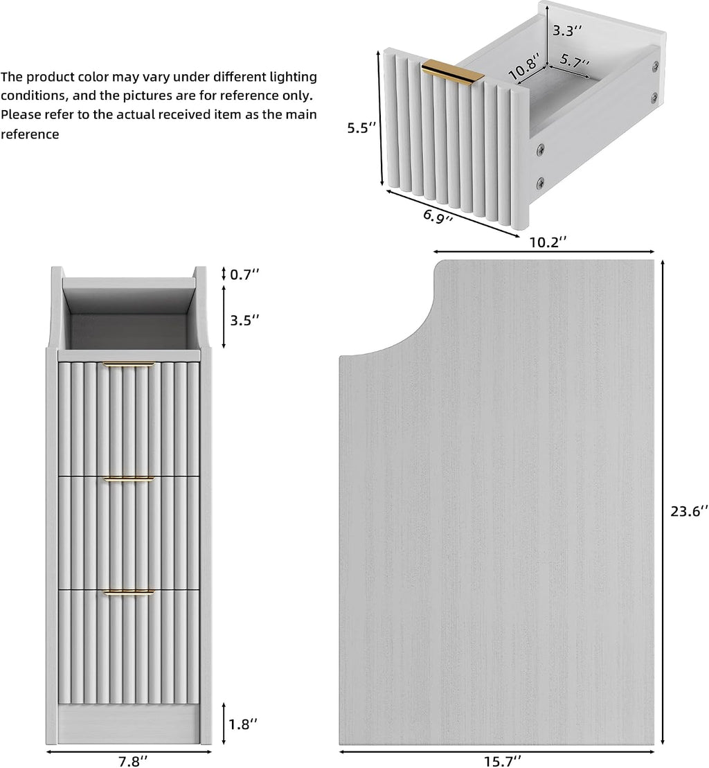 7.9' Narrow Nightstand Set of 2,23.6' Tall Fluted Bedside Table Set of 2, Slim Side End Table with 3 Drawers, Wooden Bedside Table, White Wood Night Stand for Bedroom Livingroom Sofa Office
