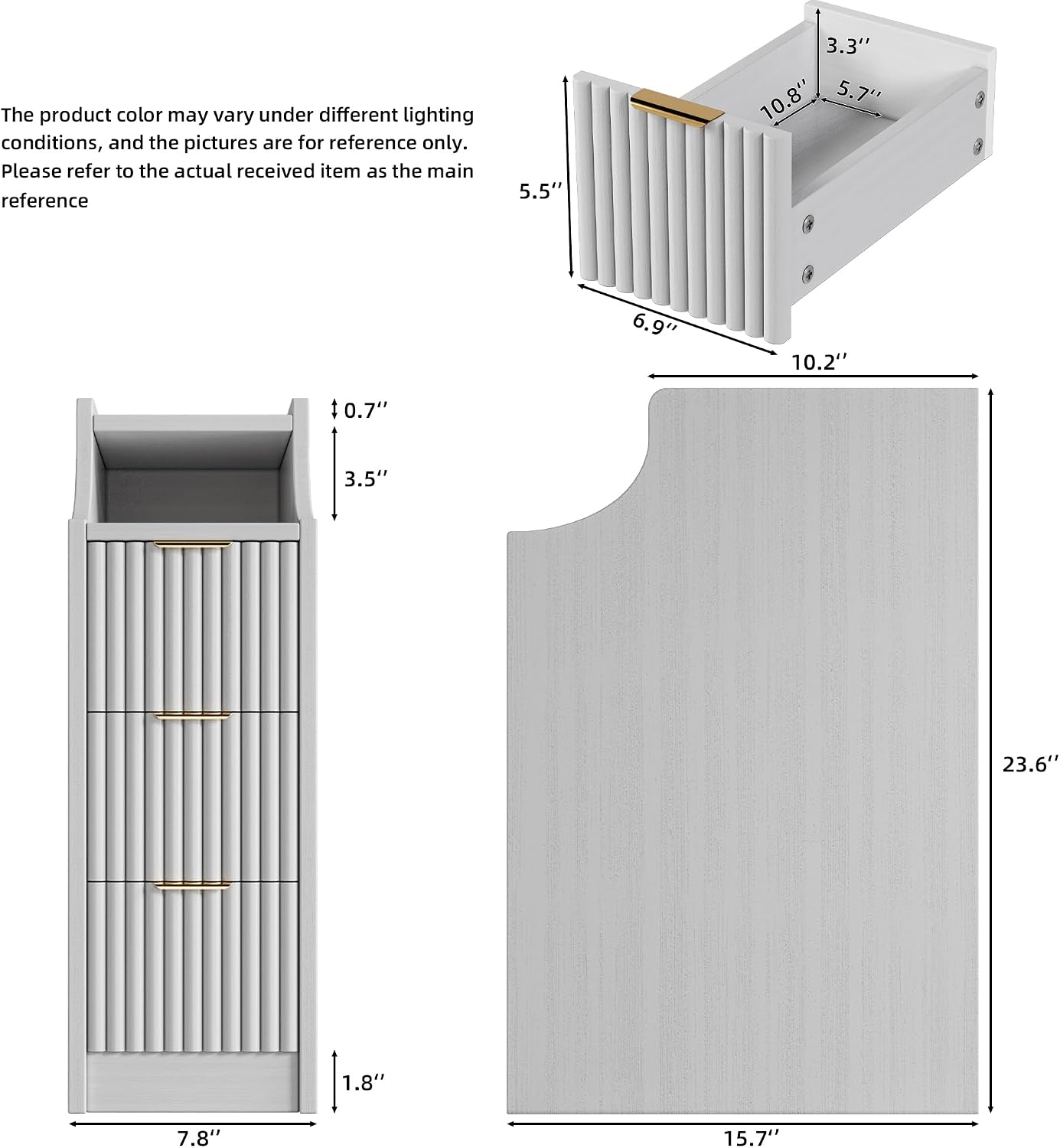 7.9' Narrow Nightstand Set of 2,23.6' Tall Fluted Bedside Table Set of 2, Slim Side End Table with 3 Drawers, Wooden Bedside Table, White Wood Night Stand for Bedroom Livingroom Sofa Office