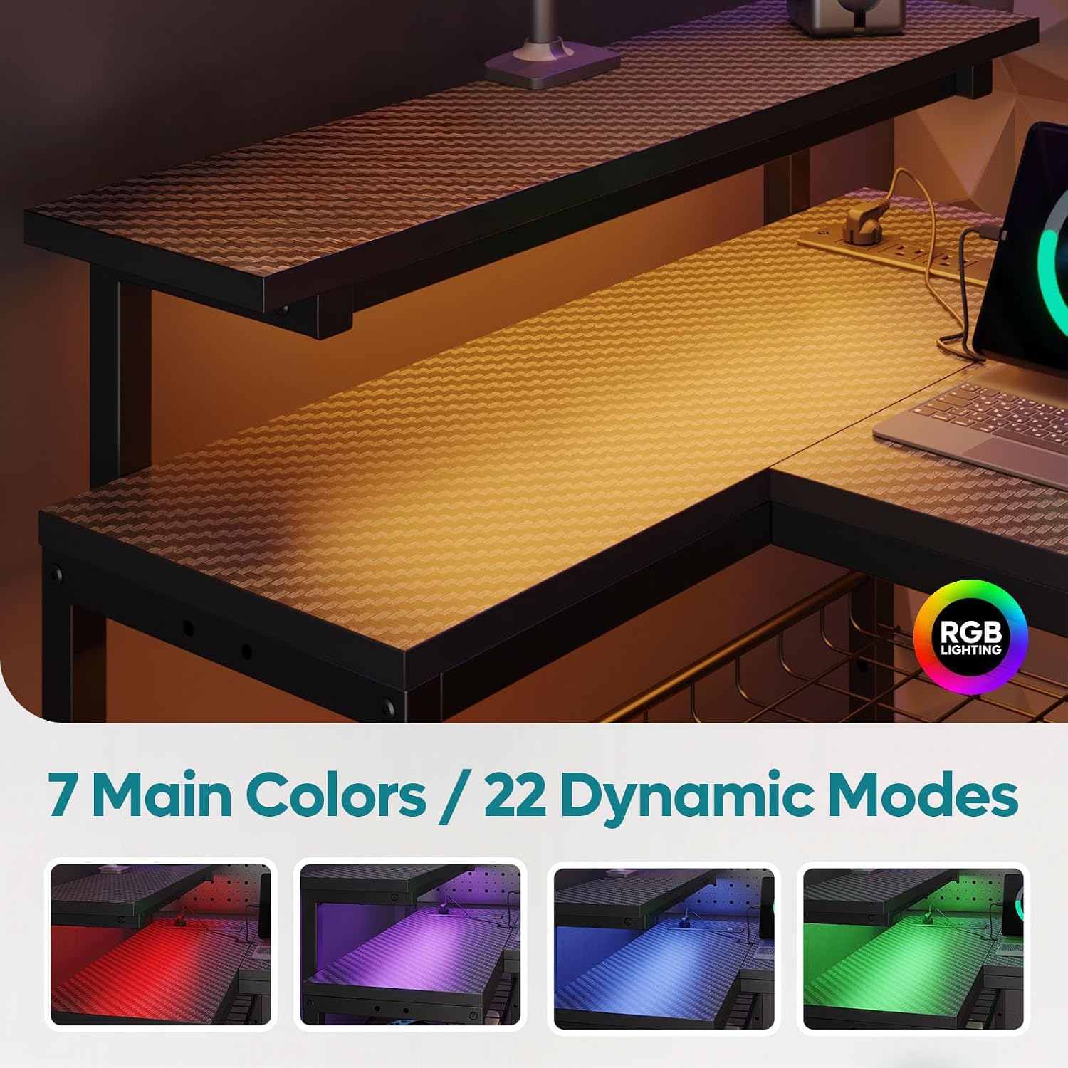 Bestier 52' Gaming Desk with Integrated Power Outlet & USB Ports, L-Shaped Computer Desk with LED Strip & Headphone Hooks, Perfect for Home Office Pink,Carbon Fiber Black