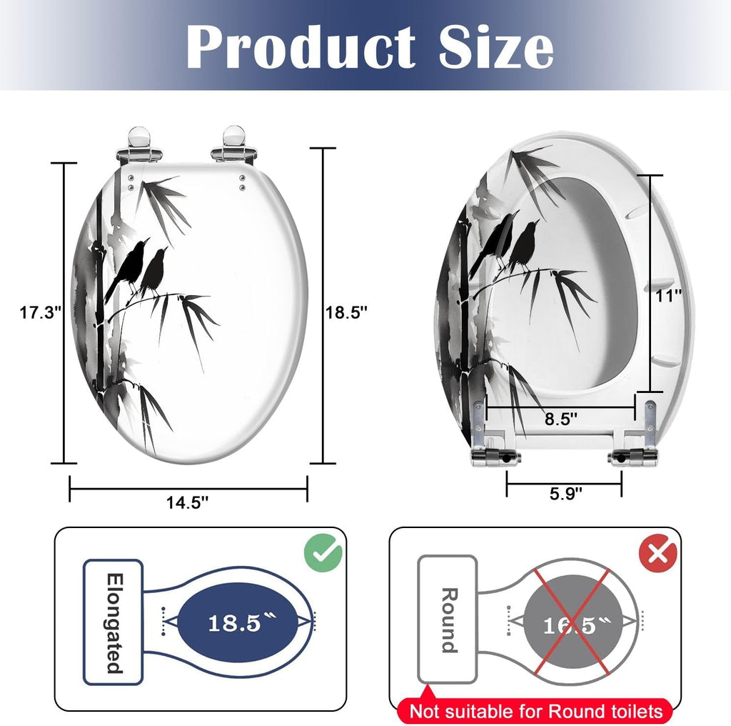 Elongated Toilet Seat Two blackbirds bamboo Traditional oriental ink e hua Hieroglyph Resin Toilet Seat Slow Quiet Close with Quick-Release Hinges Toilet Seat with Cover Easy to Clean Install