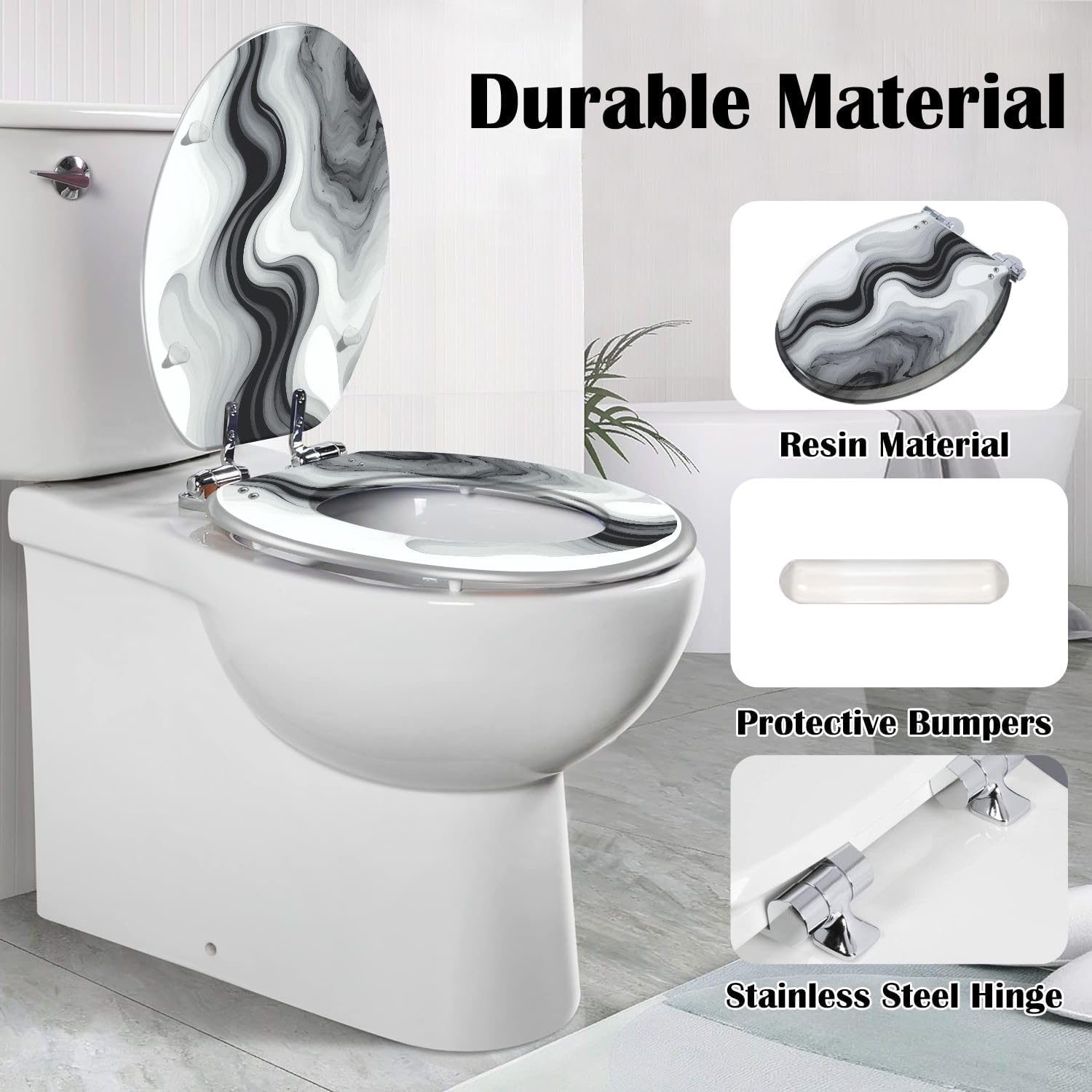 Elongated Toilet Seat Marble texture colorful black white gray marble surface curved lines Resin Toilet Seat Slow Quiet Close Lid with Quick-Release Hinges Cover Bumpers Easy to Clean Install
