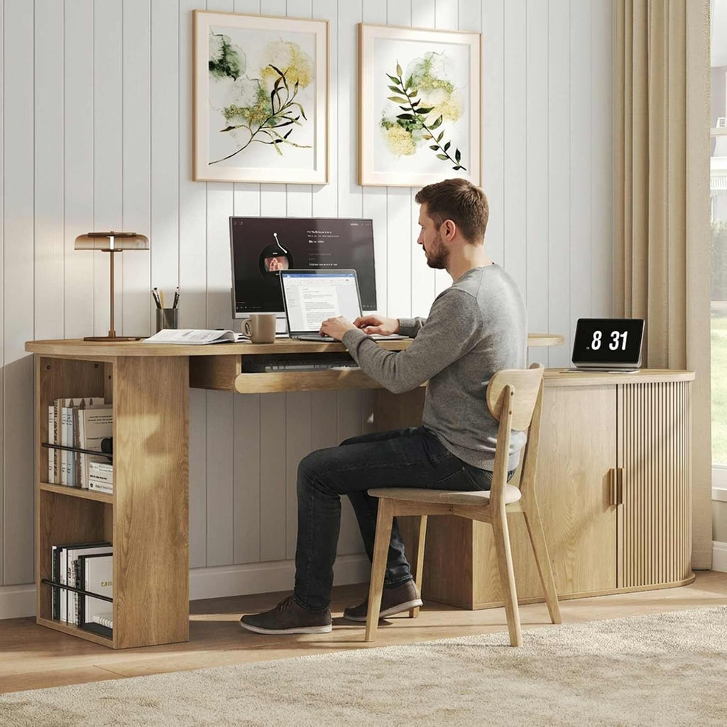 HSH L Shaped Computer Desk with Storage, Reversible Office L Desks with Cabinet and Keyboard Tray, Home Office Corner Executive Desk with Power Outlet, Oak 60 Inch
