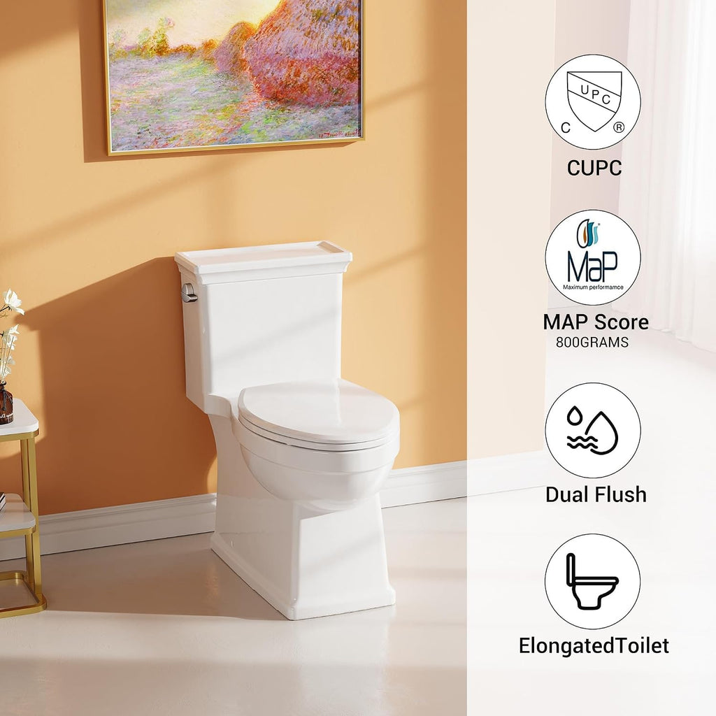 IDEALHOUSE One-Piece Toilet, 1.28 GPF Powerful Flush System, 16.5 Inch Comfort Height, 19 Inch Extended Bowl, Slow Close Seat, 12 Inch Rough in, White