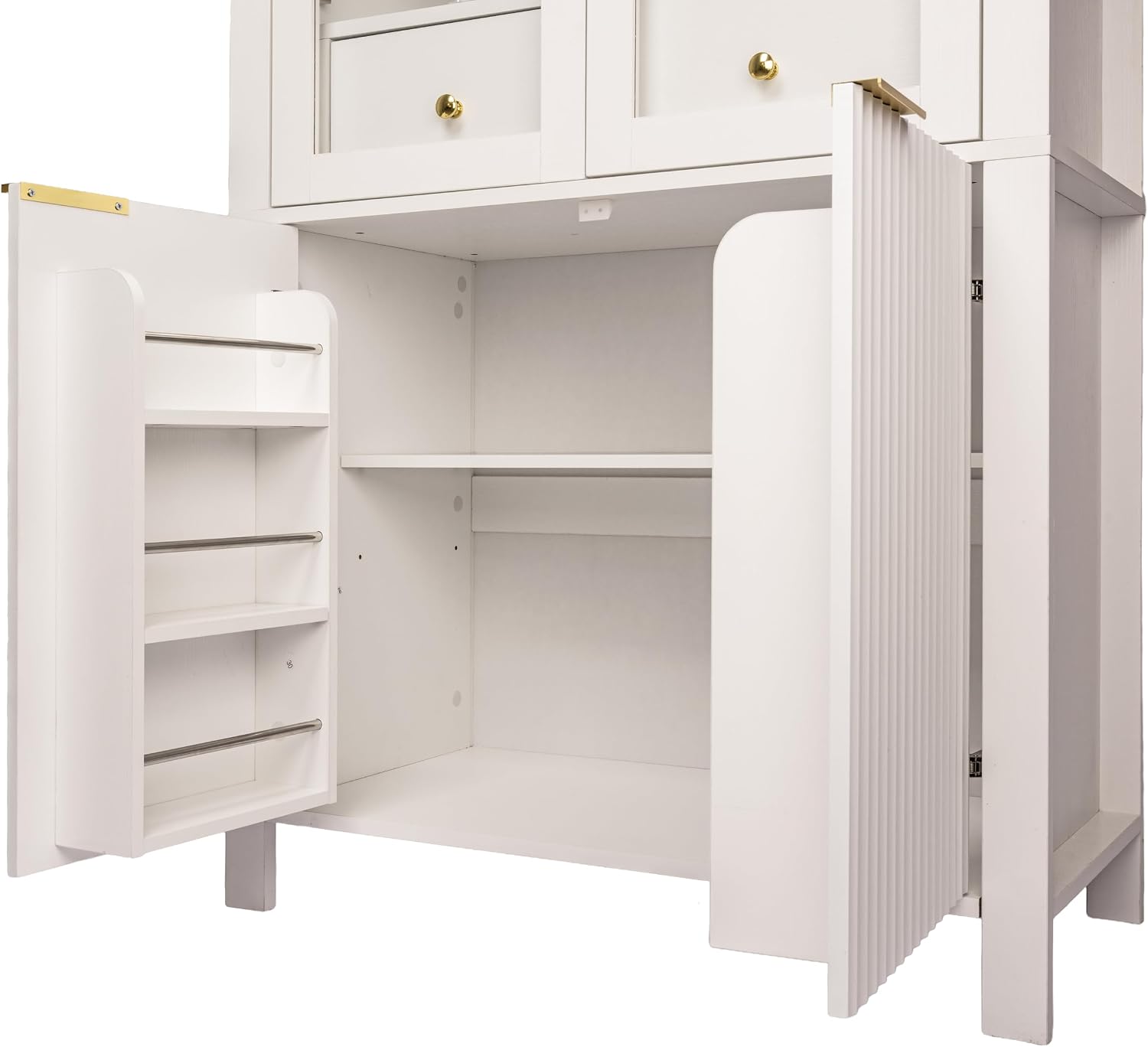 71' Tall Arched Kitchen Pantry with Drawer,Glass Door,Door Racks, Fluted Hutch Cabinet with Storage & Adjustable Shelves,Cupboard Buffet Cabinet for Living Room, Coffee Bar Corner(Natural)