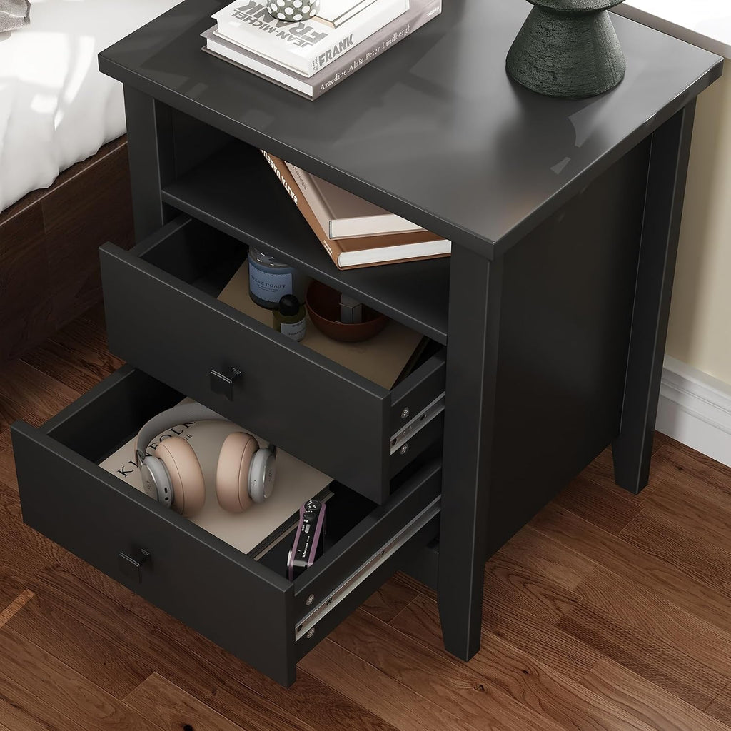 JSB Farmhouse Nightstand Set of 2, Night Stand with 2 Drawers,Open Shelf, End Table/Bed Side/Side Table for Bedroom, Kids Room, Living Room (Black, 18.7' W x 15' D x 23.8' H (2 Drawers))