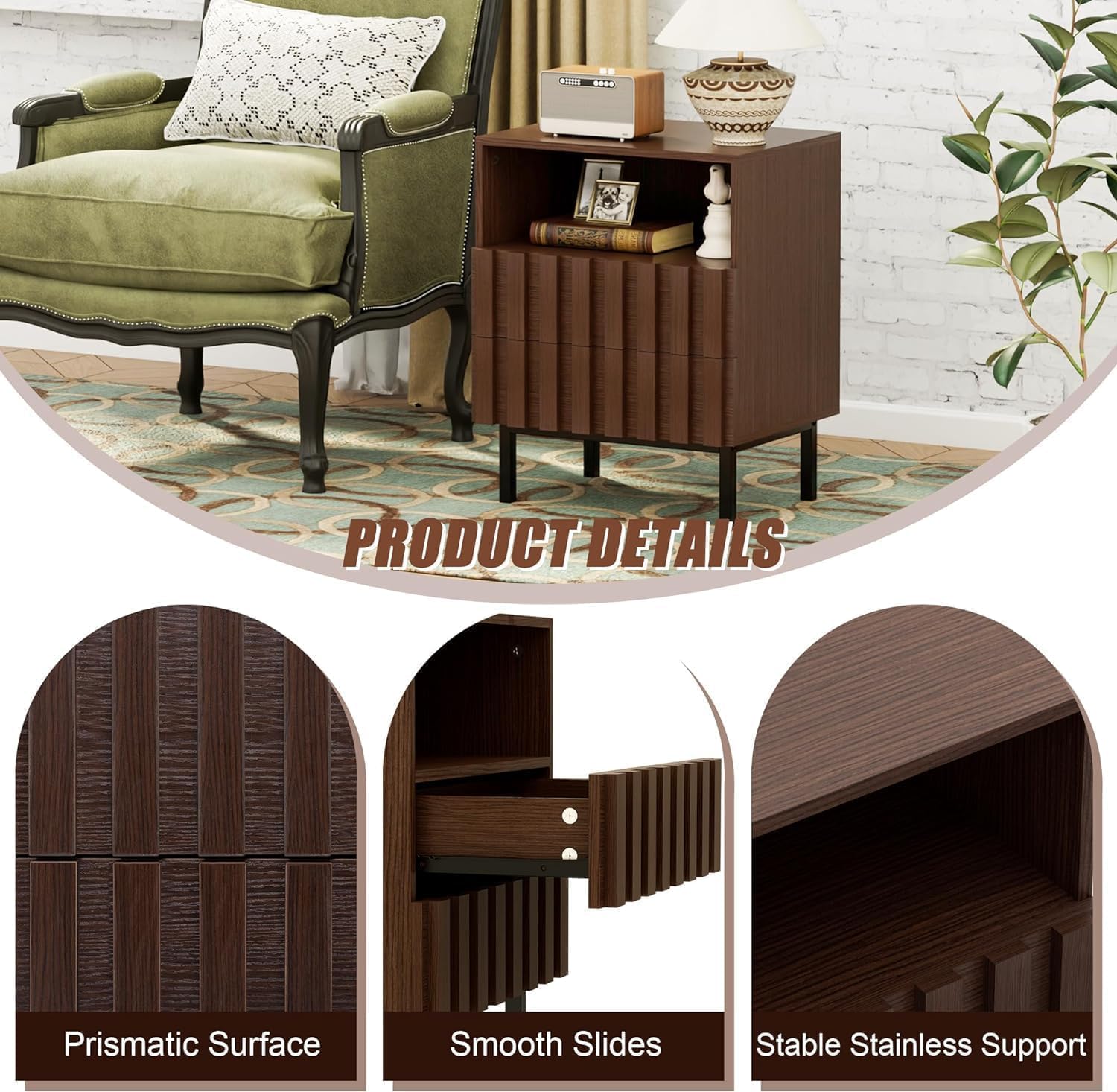 UEV Mid Century Modern 3-Piece Living Room Set, Includes Fluted Panels TV Stand with Storage for Up to 65 inch TV, 2 Drawer Open Shelf End Tables