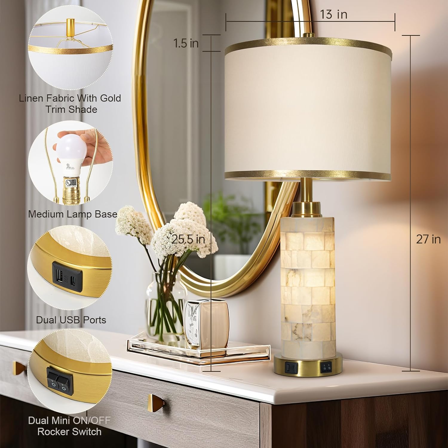 KIVDITZO 27' Alabaster Table Lamps Set of 2, Lamps for Living Room Bedroom,Bedside Lamps with Night Light,Nightstand Lamp with USB A+C Ports,Modern Table Lamp with Linen Shade (Bulbs Included)