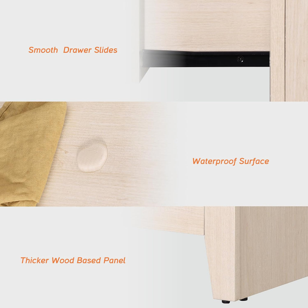 WAMPAT Farmhouse Nightstand with 3 Drawers, Large Wood Bedside Table, Wide Sofa Side End Table, Storage Organizer Chest for Living Room, Bedroom, Hallway, Beige, 32 Inches