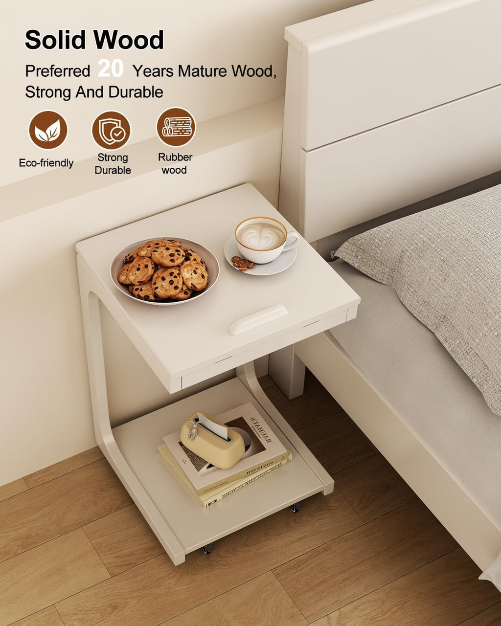 AQIMUELE Wooden C-Shaped End Table,Couch Table with Adjustable Desktop,Small Rolling Side Table with 2 Lockable Wheels,Small End Table for Couch, Living Room,Bedroom (White)